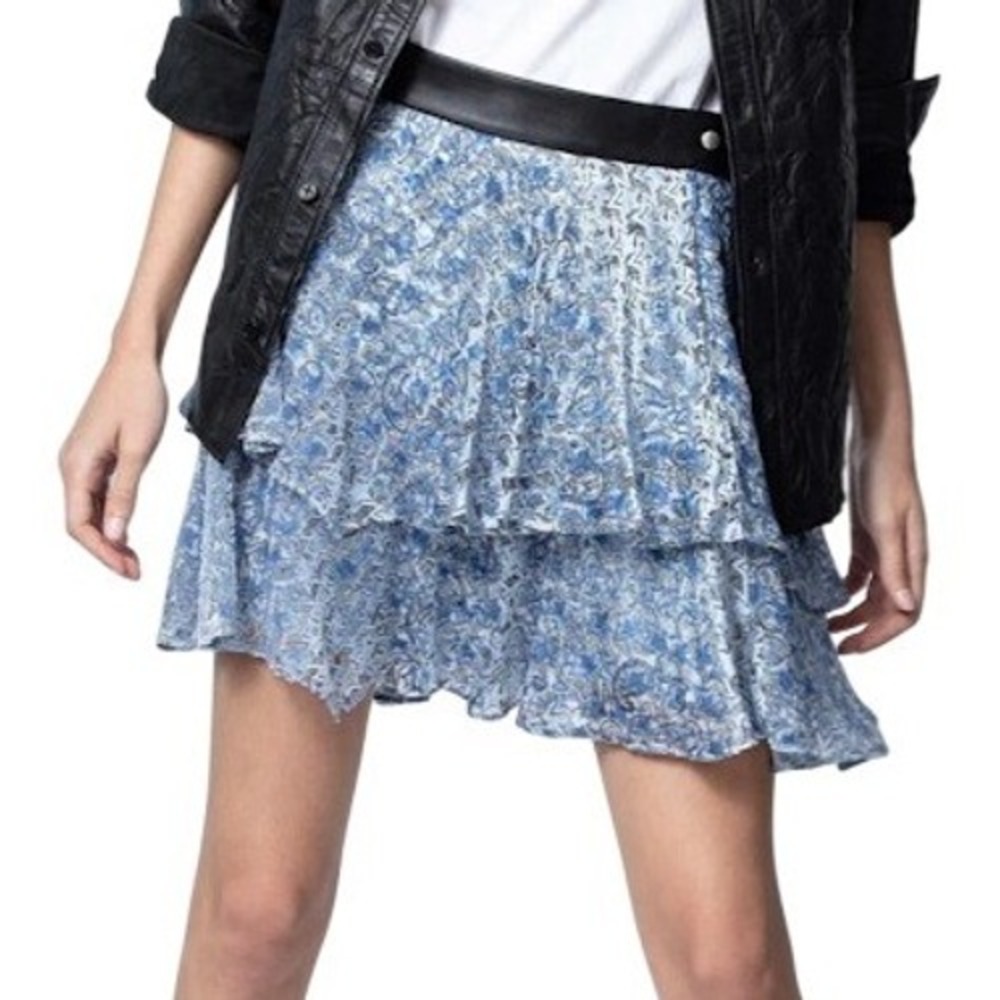 Zadig & Voltaire Jim Burnout‎ Velvet Silk Mini Skirt Blue Size 38 Ruffle Tiered
